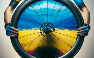 Image of a cyclist holding a wheel with a Ukraine flag behind it