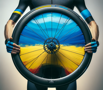 Image of a cyclist holding a wheel with a Ukraine flag behind it