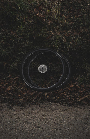 Bicycle wheels leaning against a grassy hillside in a natural setting.