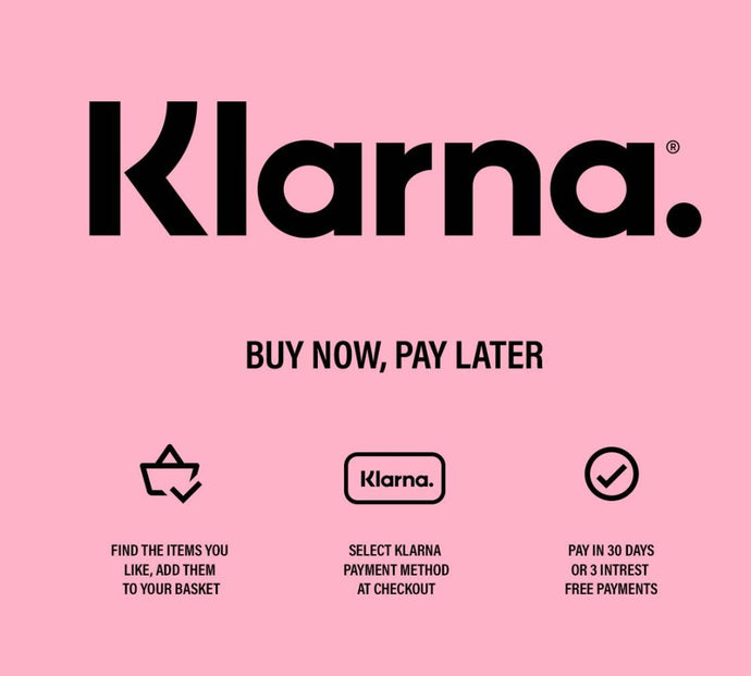 Klarna promotional banner offering "Buy now, pay later" options in pink.