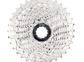 Top view of the Tifosi HG cassette showing the sprocket teeth layout and lockring for secure installation.