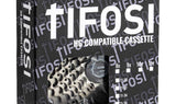 Tifosi HG compatible cassette in retail packaging displaying specifications for 8, 9, 10, and 11-speed compatibility.