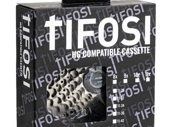 Tifosi HG compatible cassette in retail packaging displaying specifications for 8, 9, 10, and 11-speed compatibility.