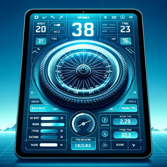 Digital tablet interface displaying tyre pressure and rider setup calculator.