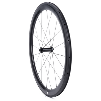 Velocite carbon rim brake front wheel shown in side profile for aerodynamic performance