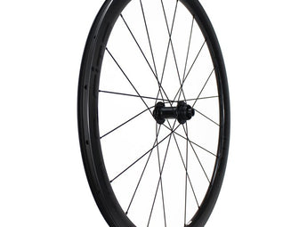 Velocite lightweight front hub for road bikes, showcasing sleek black design.