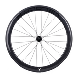 Velocite carbon rim brake front wheel shown at an angle for aerodynamic testing