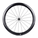 Velocite carbon road wheel front view with disc brake compatibility.