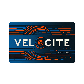 Velocite gift card logo featuring bold text with stylized blue and orange lines on a dark background.