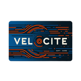 Velocite gift card logo featuring bold text with stylized blue and orange lines on a dark background.